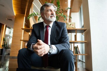 Business portrait - mature businessman sitting in office lobby. Male executive relaxing in office...