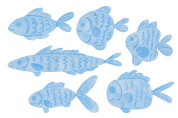 Set of small cute fish, simple decorative elements. Vector graphics.