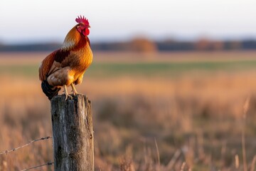 Fototapeta premium A proud rooster stands atop a fence post surrounded by golden fields, embodying the serenity and beauty of rural life and vibrant nature on a clear day.
