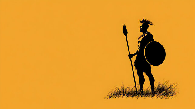 A minimalist illustration of a Zulu warrior with a shield and spear. Zulu warrior silhouette.