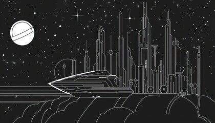 Minimalist line art iconic science fiction scenes and elements, from spaceships to alien planets.