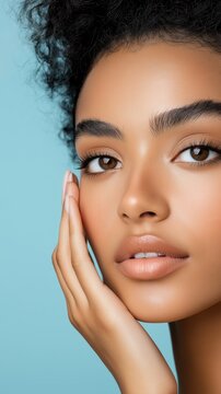 Close up portrait of a young woman with afro hair gently touching her face, showcasing flawless skin and natural makeup on a light blue background
