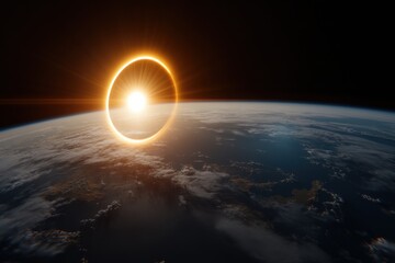 Obraz premium A captivating image of a solar eclipse, highlighting a celestial event where the moon casts a shadow over the earth, creating a surreal golden ring effect.