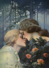 Two elegantly dressed women are depicted in an intimate moment surrounded by blooming roses and a dreamy forest background. Wearing a vintage-style beaded headdress. Soft, romantic lighting