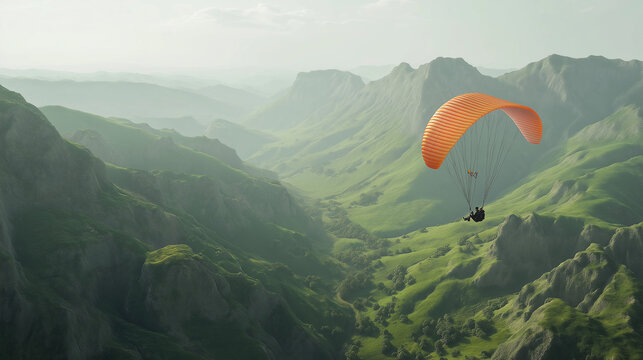 Paraglider schwebt &uuml;ber gr&uuml;ner Landschaft unter dramatischem Himmel

