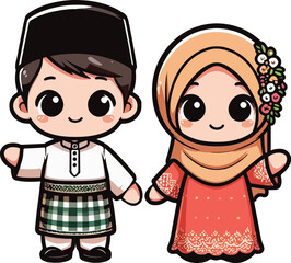 Cute muslim boy and girl. Happy Ramadan, Happy Fasting Day. Selamat Hari Raya Aidilfitri greeting card cartoon character.
