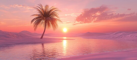 Breathtaking tropical sunset scene with a lone palm tree silhouetted against a vibrant sky over a tranquil turquoise ocean reflecting the warm hues of the fading daylight
