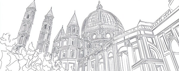 Minimalist line drawings famous architectural wonders and their intricate details.