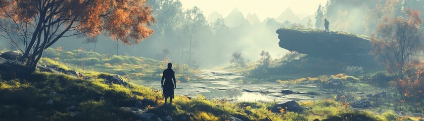 Fototapeta premium Solitary Figure Contemplates Autumnal Valley Landscape