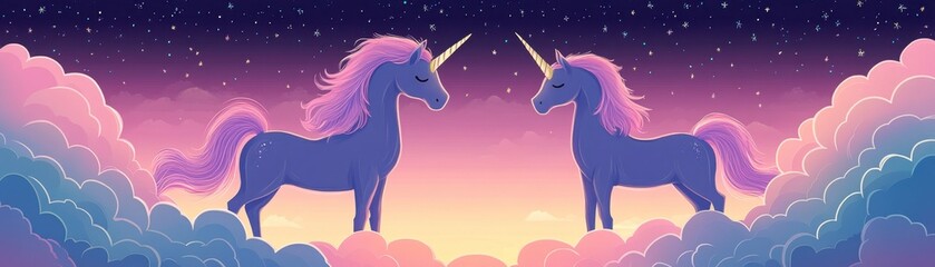 Naklejka premium Two Purple Unicorns in Love, Starry Night Cloudscape