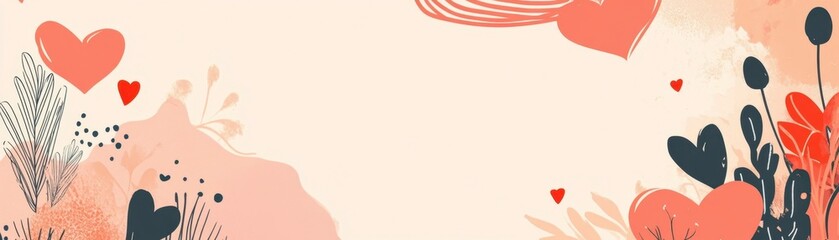 Obraz premium Valentine's Day Banner: Coral Hearts, Floral Design, Copy Space
