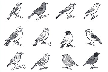Minimalist line drawings various bird species, ideal for nature and wildlife themes.