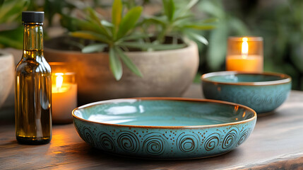 Rustic Teal Ceramic Bowl and Plate Setting with Candles and Olive Oil