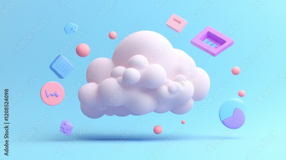 Poster a d-rendered concept of cloud storage with icons and futuristic graphics.