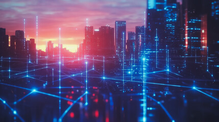 Smart digital Innovation city with connection network reciprocity over the cityscape. of future smart wireless digital city and social media networking systems that connects people with in city