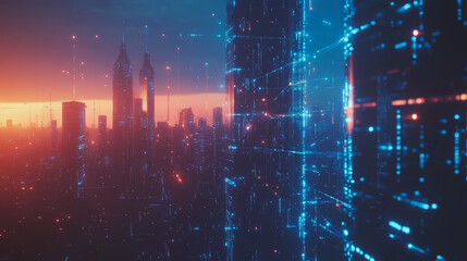 Fototapeta premium Smart digital Innovation city with connection network reciprocity over the cityscape. of future smart wireless digital city and social media networking systems that connects people with in city