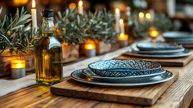 Rustic elegance: Candlelit table setting with olive branches and blue patterned plates
