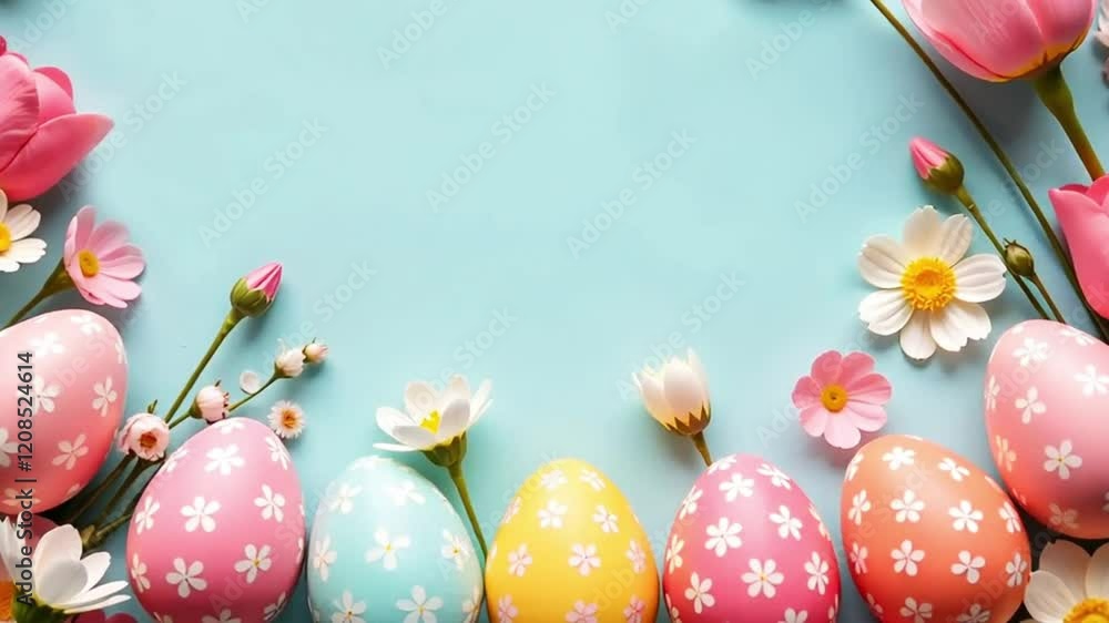 Wall mural easter eggs colorful background with flowers and copy space in the middle zooming in