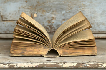 Antique book open, aged pages, rustic wooden background, vintage feel, knowledge, wisdom, history, literature.