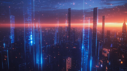 Fototapeta premium Smart digital Innovation city with connection network reciprocity over the cityscape. of future smart wireless digital city and social media networking systems that connects people with in city