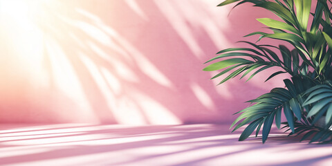 Minimal background with palm leaves and blurred shadows on the pink wall. Minimal abstract background for product presentation. Spring and summer