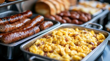 A buffet display in a hotel breakfast area featuring scrambled eggs, sausages, and fresh bread.