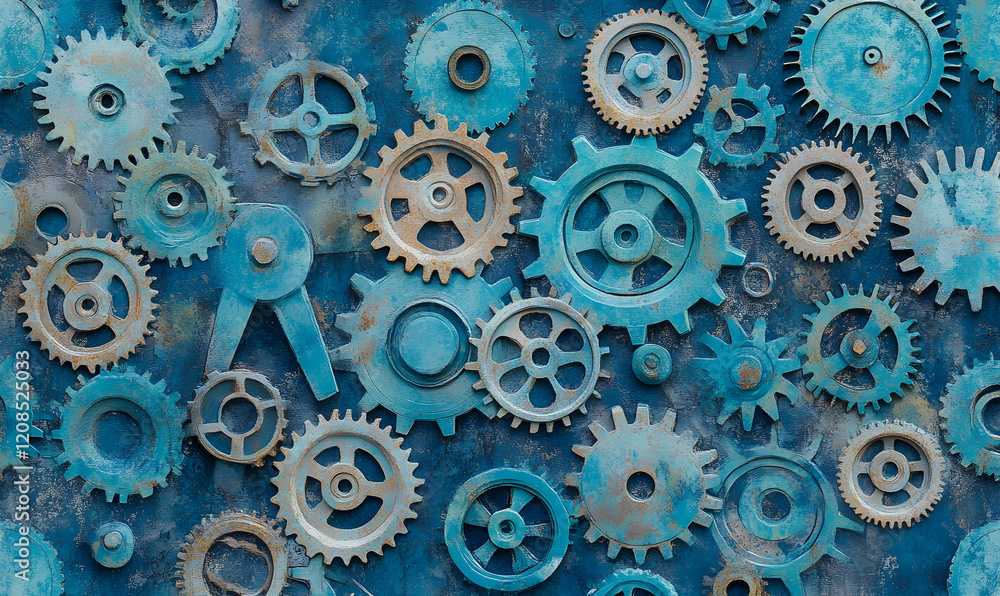 Poster intricate arrangement of rustic blue gears, cogs, and clockwork elements on a textured background. p