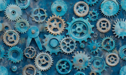 Intricate arrangement of rustic blue gears, cogs, and clockwork elements on a textured background. Perfect for steampunk, industrial, or machinery themes.