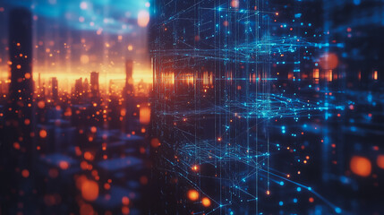 Obraz premium Smart digital Innovation city with connection network reciprocity over the cityscape. of future smart wireless digital city and social media networking systems that connects people with in city