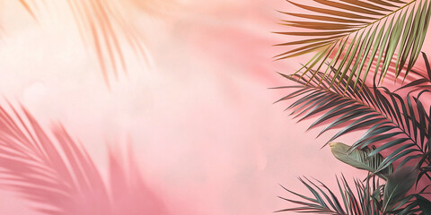 Minimal background with palm leaves and blurred shadows on the pink wall. Minimal abstract background for product presentation. Spring and summer
