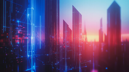 Fototapeta premium Smart digital Innovation city with connection network reciprocity over the cityscape. of future smart wireless digital city and social media networking systems that connects people with in city