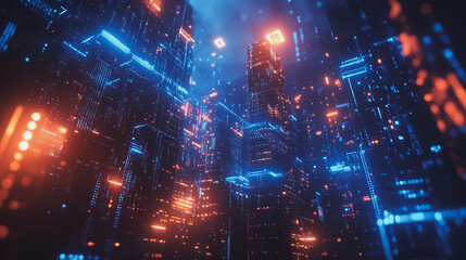 Obraz premium Smart digital Innovation city with connection network reciprocity over the cityscape. of future smart wireless digital city and social media networking systems that connects people with in city