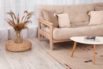 Interior of stylish living room with comfortable sofa and coffee table