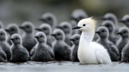 Fototapeta premium White bird chick among grey chicks, water, nature, wildlife, conservation