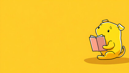 Obraz premium Adorable yellow puppy engrossed in reading a pink book against a vibrant yellow backdrop. Perfect for children's books, educational resources, or websites promoting literacy.