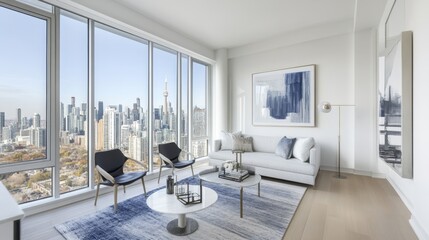 A contemporary suite with modern furniture, elegant artwork, and a breathtaking cityscape view.