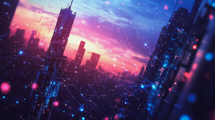 Fototapeta premium Smart digital Innovation city with connection network reciprocity over the cityscape. of future smart wireless digital city and social media networking systems that connects people with in city