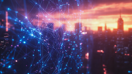 Obraz premium Smart digital Innovation city with connection network reciprocity over the cityscape. of future smart wireless digital city and social media networking systems that connects people with in city
