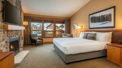 A cozy hotel room with a warm ambiance, a large bed, and plush furnishings.