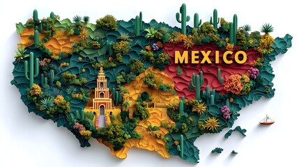 Vibrant 3D Map of Mexico with Plants and Architecture