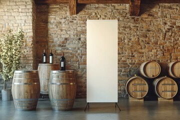 Mockup of pull-up banner in rustic winery with wooden barrels and wine bottles on display