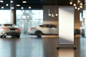 Pull-up banner mockup in modern car showroom with blurred luxury vehicles in background, perfect for auto promotions