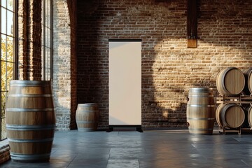 Pull-up banner mockup in rustic winery setting with wooden barrels and warm brick wall backdrop