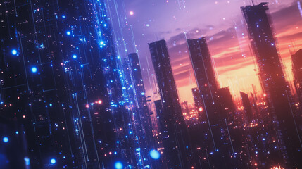 Smart digital Innovation city with connection network reciprocity over the cityscape. of future smart wireless digital city and social media networking systems that connects people with in city