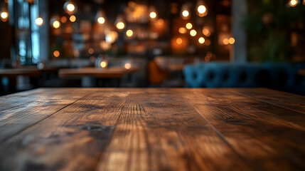 Empty rustic wooden table in a dimly lit restaurant setting