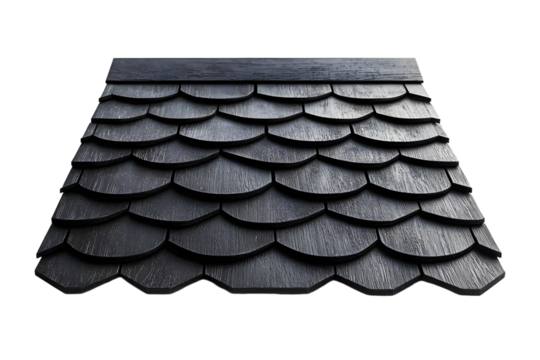 Black wooden shingles, roof texture, isolated on white.