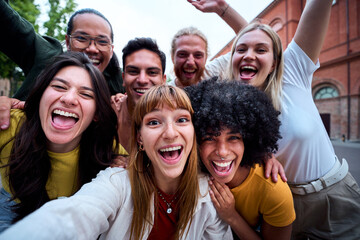 Mobile selfie of group young multi-ethnic beautiful friends having fun together outdoors. Excited people looking at happy camera enjoying sightseeing in city on sunny day. Generation z and vacations.