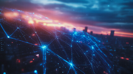 Obraz premium Smart digital Innovation city with connection network reciprocity over the cityscape. of future smart wireless digital city and social media networking systems that connects people with in city