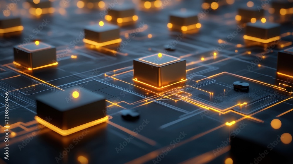 Poster a glowing representation of blockchain technology with chains of interconnected blocks.