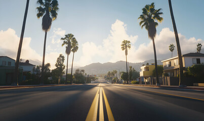Obraz premium Serene residential street lined with palm trees at sunset, showcasing Californian architecture and tranquil atmosphere.